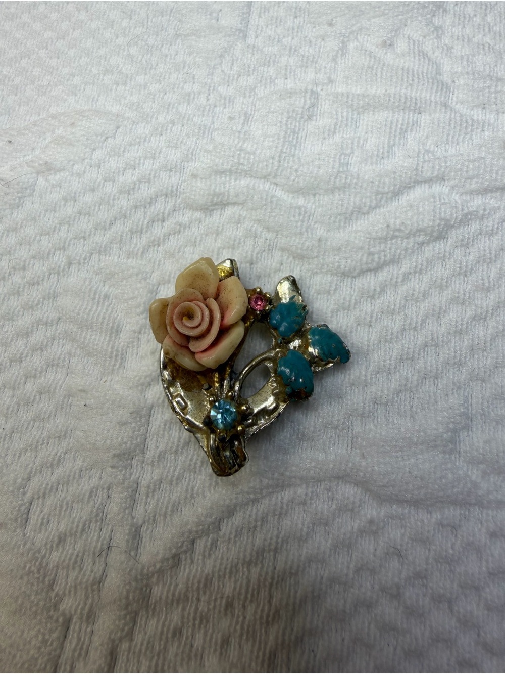 Vintage Pink Rose & Turquoise Floral Brooch